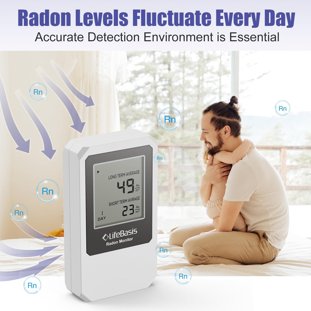 LifeBasis Radondetector, luchtkwaliteitsmonitor, draadloze radonmonitor met scherm voor bewaking van lange en korte tijd, radontester, radonmeter, radon meetinstrument voor kelder en kantoor
