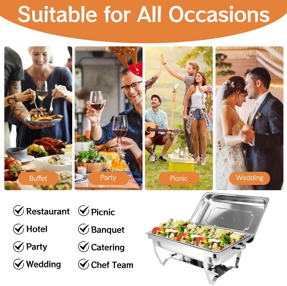 Snowtaros Chafing Dish-set, warmhoudcontainers voor gerechten, 9 liter, roestvrij staal, warmhoudcontainer, eten, voedselverwarmer voor buffet, feesten, bruiloften (4 stuks, 4 x GN 1/1)