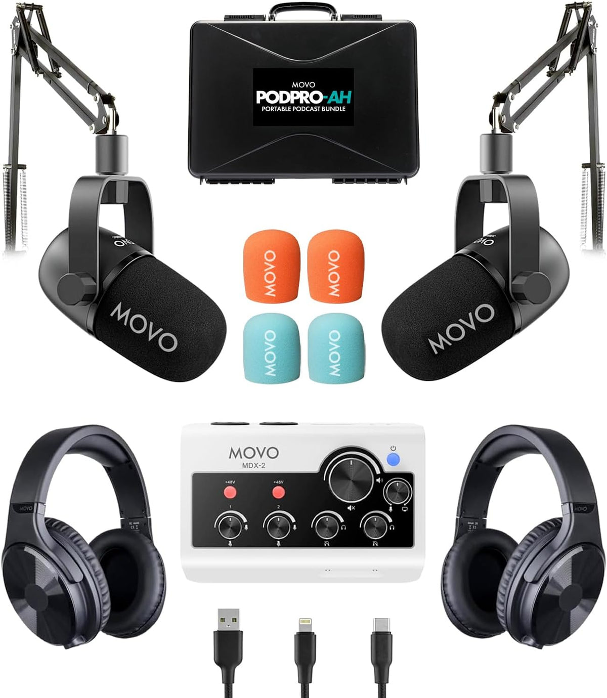 Movo Draagbare podcast-apparatuurbundel voor iPhone/Android-telefoons - Podcastkit met audio-interface, 2 CastMic dynamische microfoons, 2 koptelefoons, 2 giekarmen - voor smartphones, computers, pc