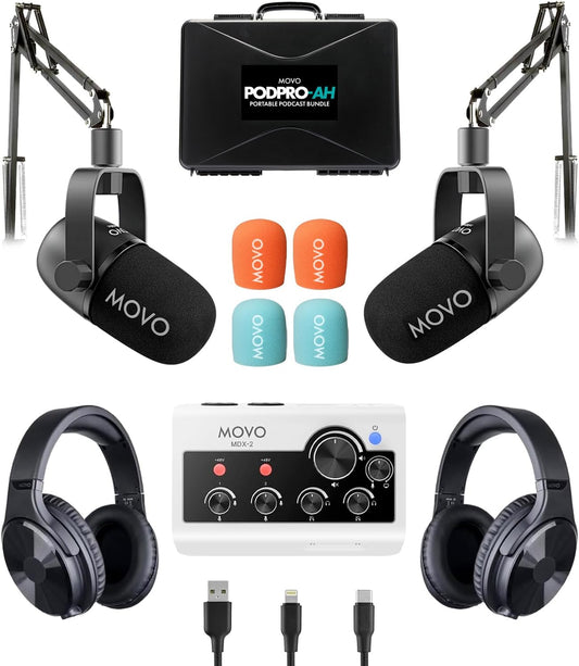 Movo Draagbare podcast-apparatuurbundel voor iPhone/Android-telefoons - Podcastkit met audio-interface, 2 CastMic dynamische microfoons, 2 koptelefoons, 2 giekarmen - voor smartphones, computers, pc