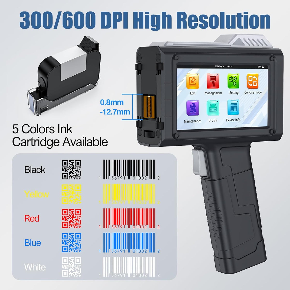 Draagbare Inkjetprinter – Inkjetcoderingsmachine, Inkjetcoder, Codeerprinter, Codering Printer – Sneldrogende Zwarte Inktcartridge – 4,3 Inch Touchscreen