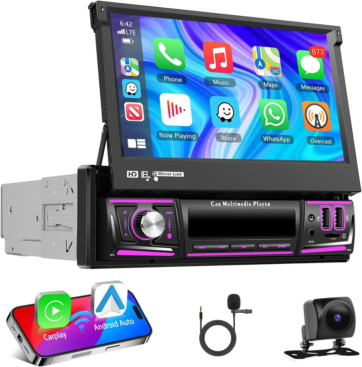 4+64G Auto Radio 1 din Android met Carplay Android Auto, Motorsi Bluetooth Single din Radio Auto met Scherm Support Mirrorlink/FM/GPS-Navigatie/WIFI/USB/SWC + Achteruitrijcamera + Microfoon