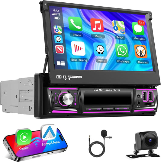 4+64G Auto Radio 1 din Android met Carplay Android Auto, Motorsi Bluetooth Single din Radio Auto met Scherm Support Mirrorlink/FM/GPS-Navigatie/WIFI/USB/SWC + Achteruitrijcamera + Microfoon
