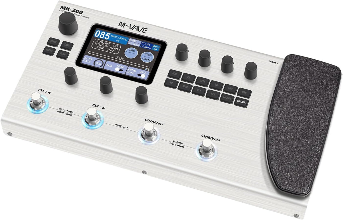 M-Vave MK-300 Multieffectprocessor voor gitaar en bas, 11 modules, meer dan 320 effecten, 120 versterkers, IR-loader, loopper, drumcomputer, BT- en USB-geluidskaart