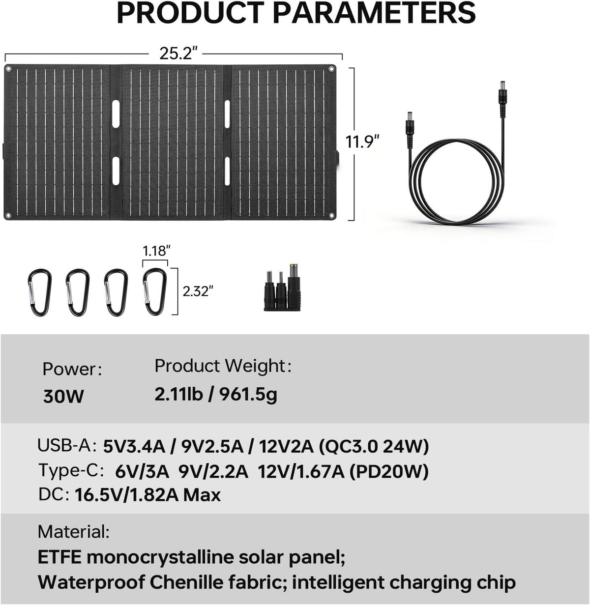 30W opvouwbaar zonnepaneel met USB-C PD, USB-A, gelijkstroom-uitgang