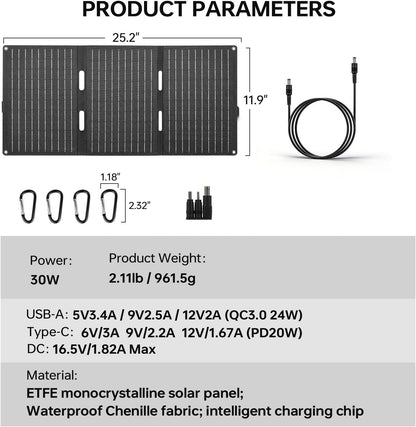 30W opvouwbaar zonnepaneel met USB-C PD, USB-A, gelijkstroom-uitgang