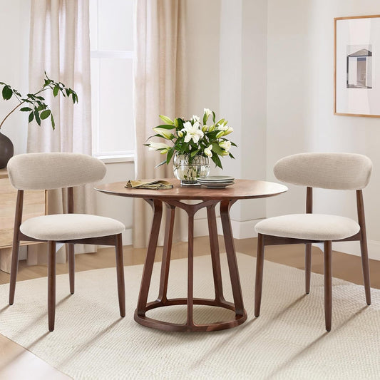 COLAMY Keukenstoel, eetkamerstoelen, set van 2, moderne gestoffeerde stoel, eetstoelen met vaste rugleuning, stoffen eetkamerstoel met houten poten, voor eetkamer, keuken, restaurant, beige