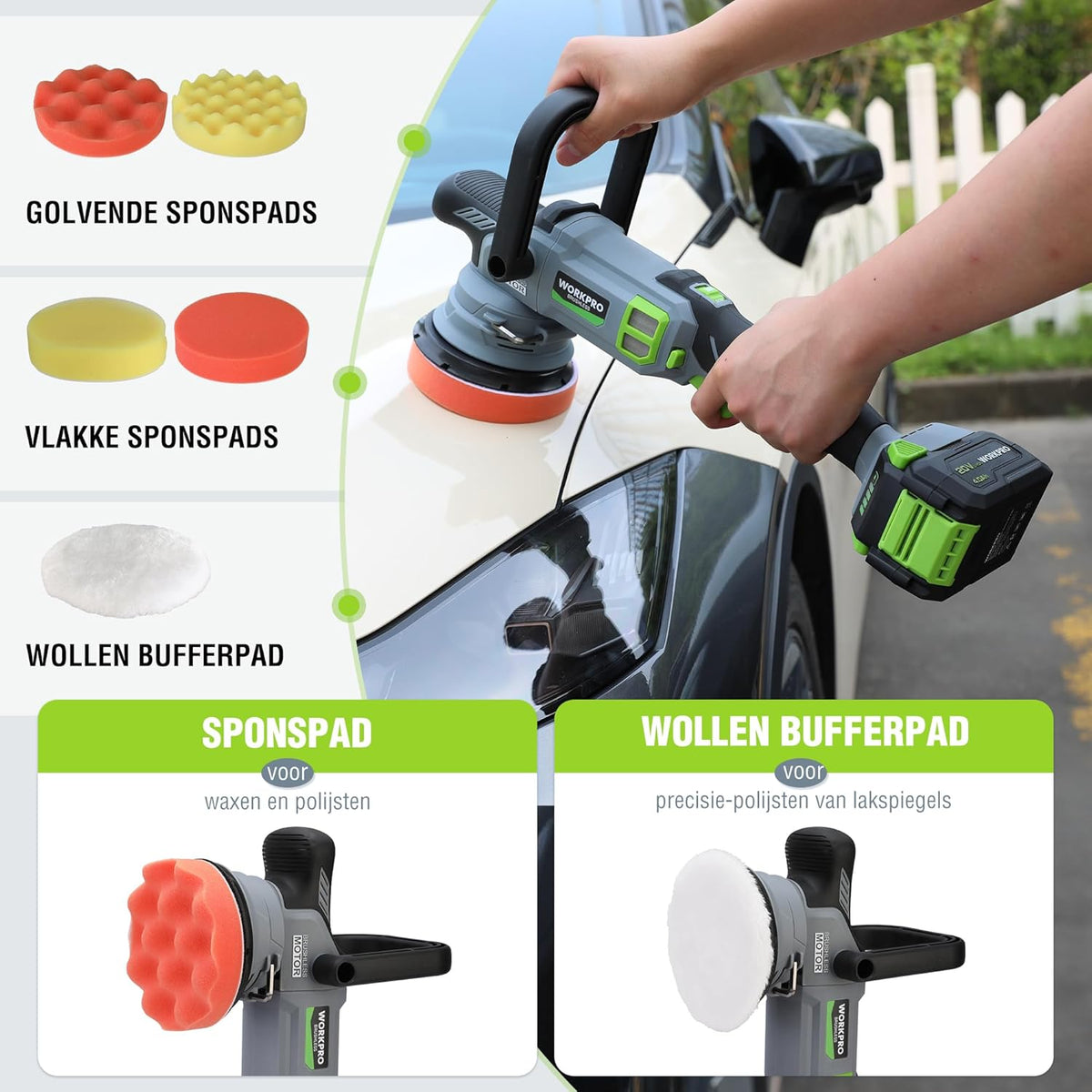 WORKPRO 20V accu polijstmachine, auto polijstmachine snoerloos met 7 snelheden (2000-5000 RPM), 1 x 4.0Ah accu, dubbele actie, met opbergtas, voor auto, vloeren, tegels