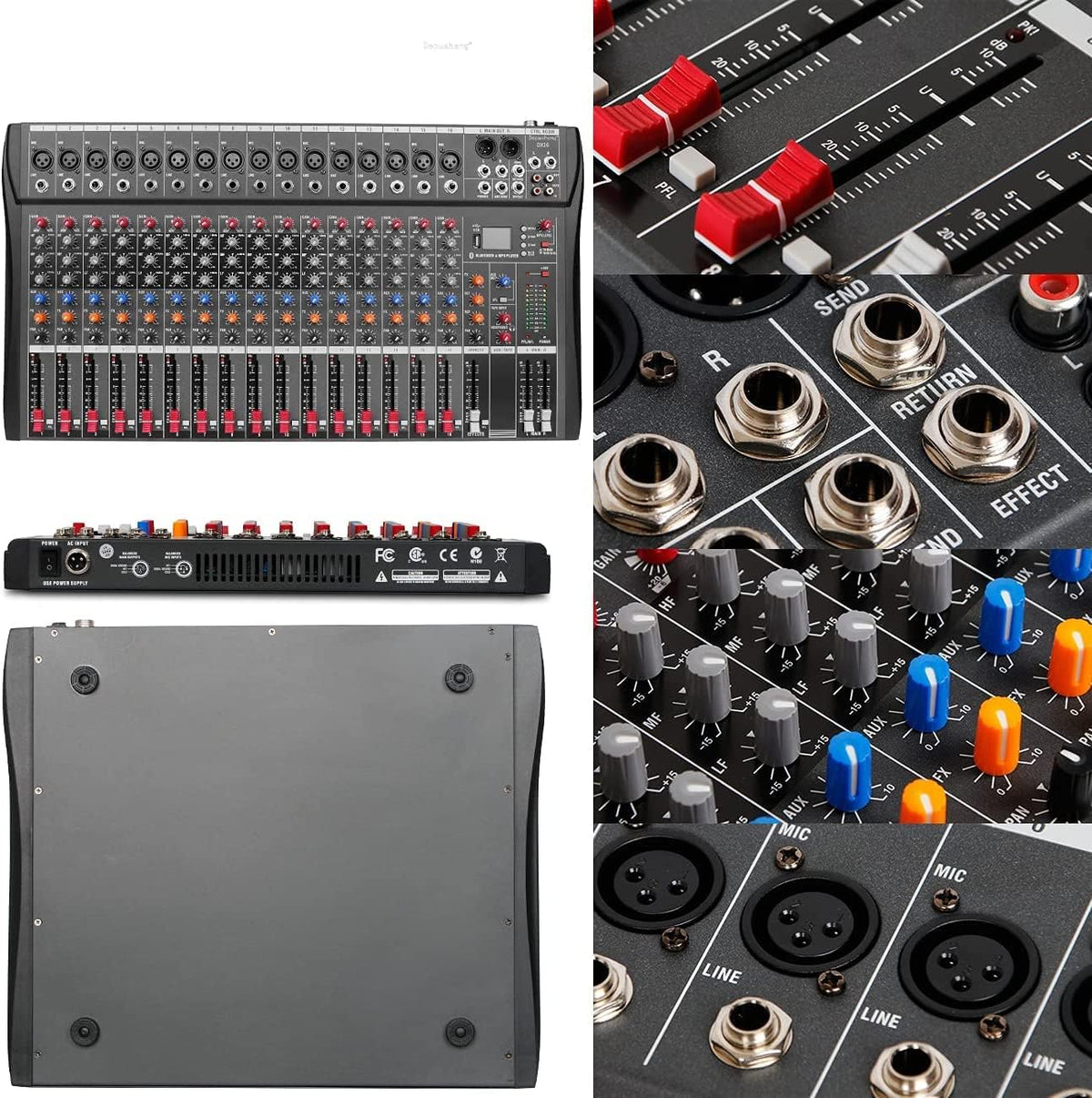 16-Kanaals Audio Mixer – Mengpaneel – Audiomixconsole – Geluidscontroller – Soundboard – Bluetooth En USB-Aansluiting – XLR-Microfooningangen Met 48V Fantoomvoeding