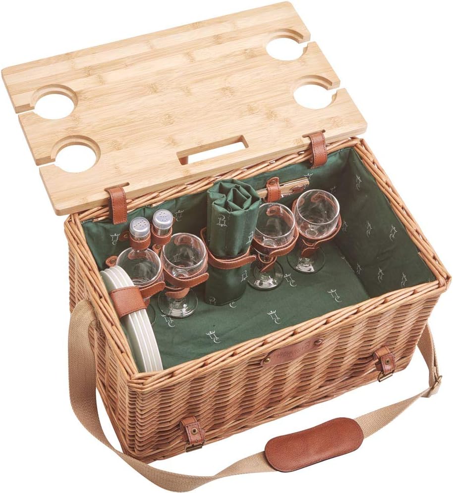 Les Jardins de la Comtesse - Groene Picknickmand Saint-Honoré - Lederen riemen - 4 personen - Met opvouwbare tafel in bamboe - Porseleinen borden en glazen wijnglazen - 45 x 28 x 28 cm
