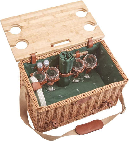Les Jardins de la Comtesse - Groene Picknickmand Saint-Honoré - Lederen riemen - 4 personen - Met opvouwbare tafel in bamboe - Porseleinen borden en glazen wijnglazen - 45 x 28 x 28 cm