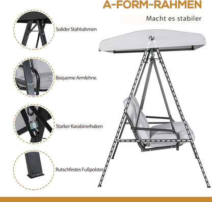 Outsunny Hollywoodschaukel 2-Sitzer Gartenschaukel mit Verstellbarem Dach, Kissen, Schaukelbank bis 220 kg Load Bar, für Garten, Balcony, Grau, 145 x 116 x 172 cm - QUORE