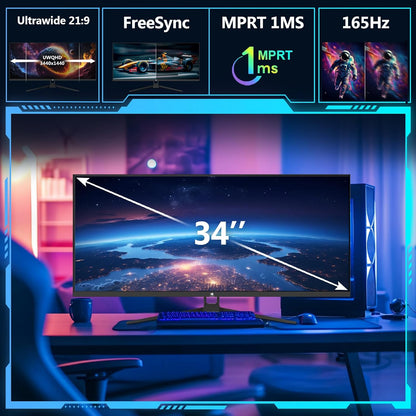 Z-Edge Gaming PC Screen 34'', UWQHD(3440x1440), 165Hz, IPS Panel, 1ms, Ultrawide Monitor 21:9, FreeSync, 300cd/m², 2*DP1.4 & HDMI2.0, RGB, Adjustable Slope, VESA 75 * 75mm (DP cable included)