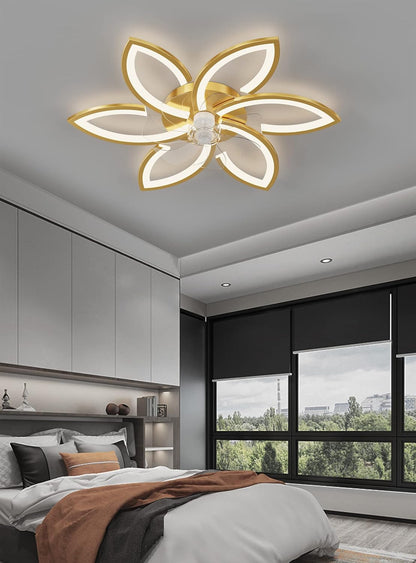 Stille plafondventilator met licht, plafondventilator met afstandsbediening en verlichting APP dimbare helderheid 70W creatieve acryl bloem vorm plafondlamp met ventilator (Goud)