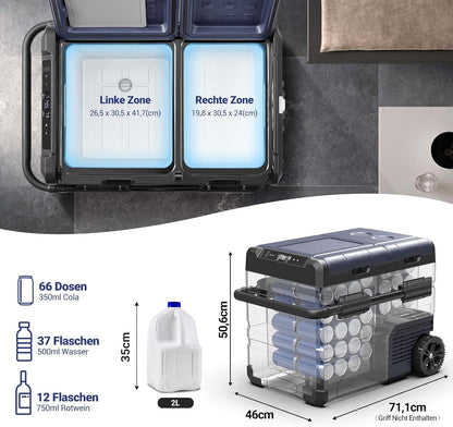 AAOBOSI Koelbox voor de auto, 45 liter, met USB-aansluiting, twee zones en dubbele deuren, elektrische koelbox tot -20 °C, voor auto, vrachtwagen, boot, camper, camping