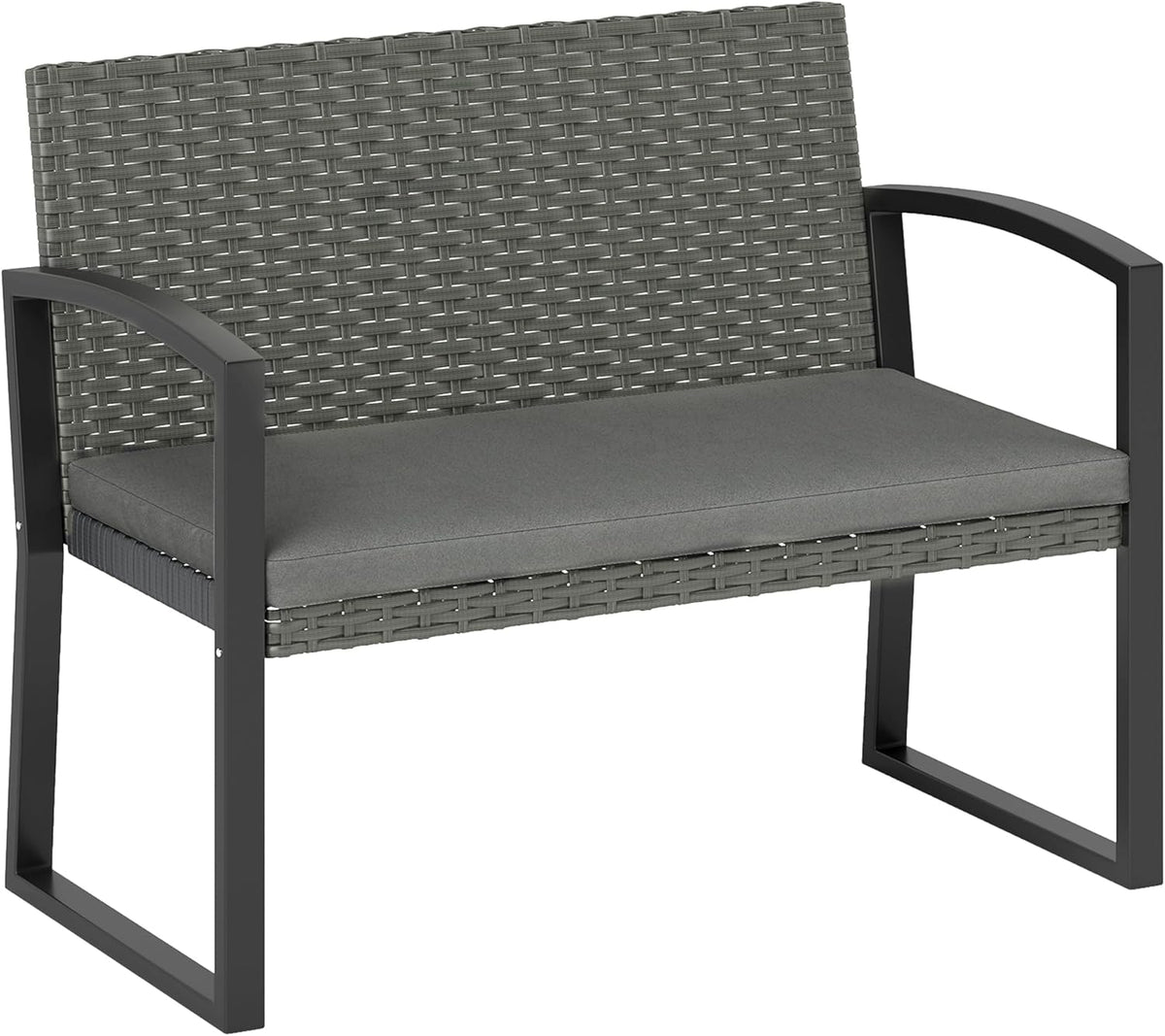Outsunny Rattan Garden Bench 2 Seater Garden Bench with Cushion, Wicker Garden Bench with Armrests, Galvanized Steel Frame for Patio, Park, Dark Grey - QUORE
