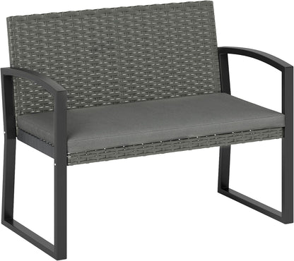 Outsunny Rattan Garden Bench 2 Seater Garden Bench with Cushion, Wicker Garden Bench with Armrests, Galvanized Steel Frame for Patio, Park, Dark Grey - QUORE