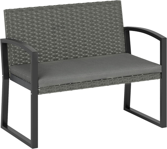 Outsunny Rattan Garden Bench 2 Seater Garden Bench with Cushion, Wicker Garden Bench with Armrests, Galvanized Steel Frame for Patio, Park, Dark Grey - QUORE