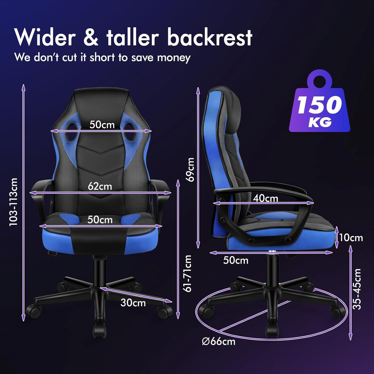 ALFORDSON Gamingstoel, PC-computer racestoel, ergonomische draaibare bureaustoel met wielen, gemaakt van PU-leer en stof, blauw