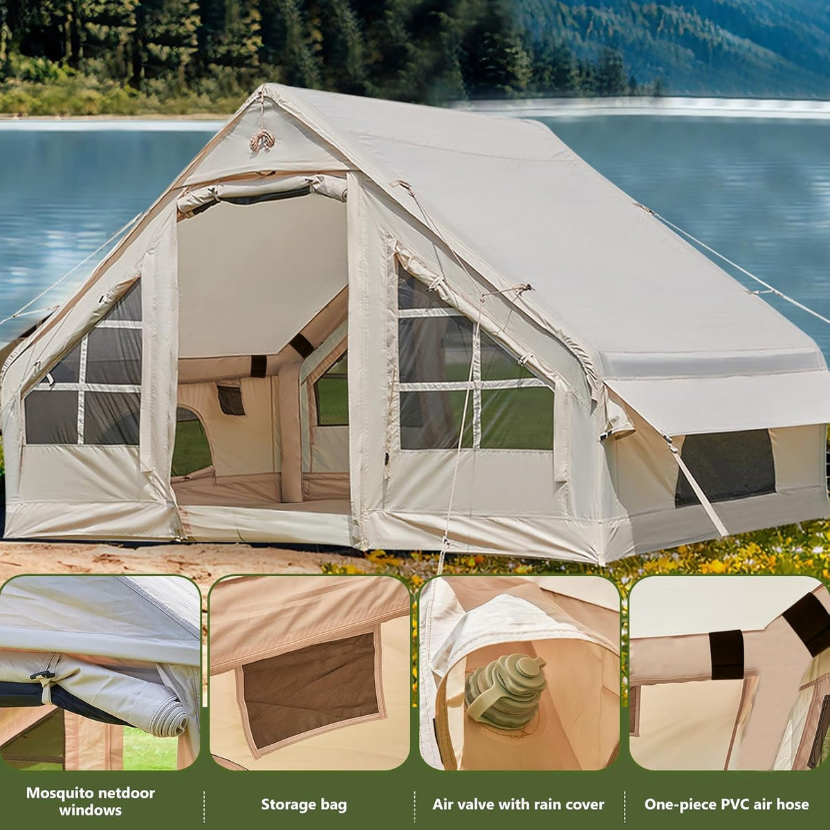 Opblaasbare tent met pomp, 4-6 personen, glamping, campingtenhuis, eenvoudige installatie, waterdichte familietenten voor 4 seizoenen, water- en winddicht, opblaasbare campingtent met gaasvensters