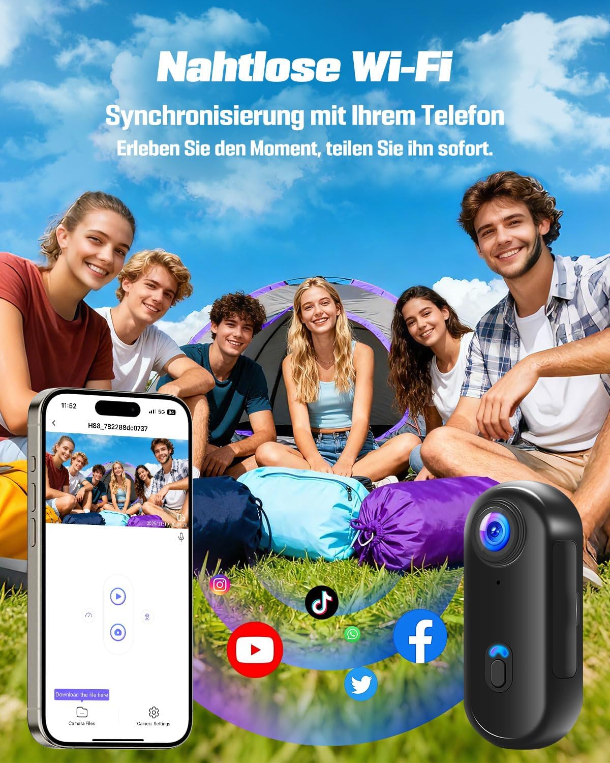 Actioncamera 4K met 64 GB SD, BodyCam-lichaamscamera Mini magnetische handsfree POV-camera met 360° draaibare clip, 30 m waterdichte behuizing voor skiën, helmcamera, vlog