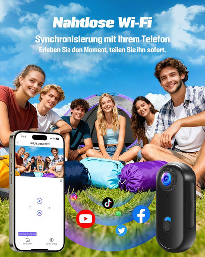 Actioncamera 4K met 64 GB SD, BodyCam-lichaamscamera Mini magnetische handsfree POV-camera met 360° draaibare clip, 30 m waterdichte behuizing voor skiën, helmcamera, vlog