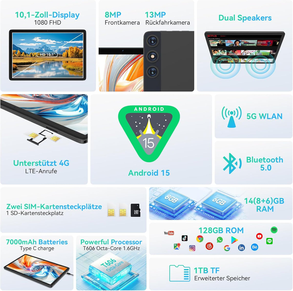 Nieuwste Android 14 Tablet 10 inch, 4G LTE tablets met 2 SIM 1 SD-sleuf, 5G Wifi Tablet PC met 14GB + 128GB (1TBTF), 3-in-1 tablet met toetsenbord, muis-octa-core, 1080FHD, 13MP + 8MP, 7000mAh,