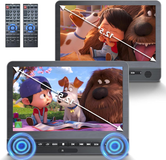 DESOBRY 12.5'' Car DVD Player 2-Screen with 5-Hour Rechargeable Battery, Two Car Screen, Headrest TV Children TV Last Memory USB AV In/Out 12V - QUORE