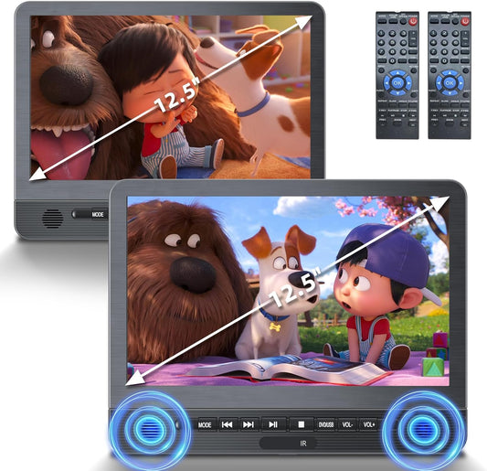 DESOBRY 12.5'' Auto DVD Speler 2-scherm met 5-uur Oplaadbare Batterij, Twee Autoscherm, Hoofdleuning TV Kinderen TV Laatste Geheugen USB AV In/Out 12V