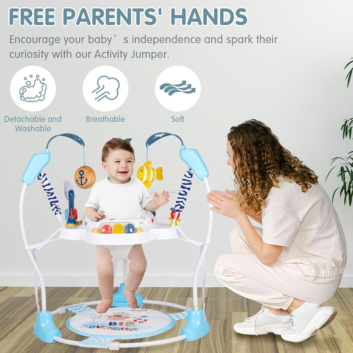 JP2401 Baby Activity Center 3-in-1 Baby Activity Center with 360° Rotating Seat, Music, Lighting, 3 Adjustable Heights, Children's Activity Bridge for More - QUORE