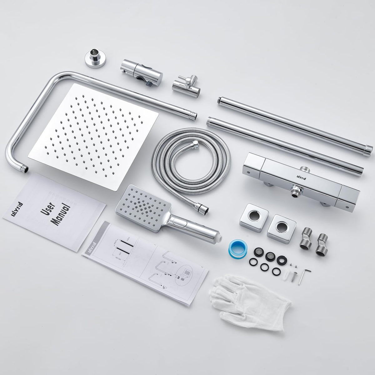 Douchesysteem met Thermostaat – Doucheset – Douchearmatuurset – Regendouche met Kraan – Complete Set met Handdouche – Vierkante Regendouche 25x25 cm – Verstelbare Douchestang – Duurzaam Chroom