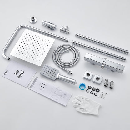 Douchesysteem met Thermostaat – Doucheset – Douchearmatuurset – Regendouche met Kraan – Complete Set met Handdouche – Vierkante Regendouche 25x25 cm – Verstelbare Douchestang – Duurzaam Chroom