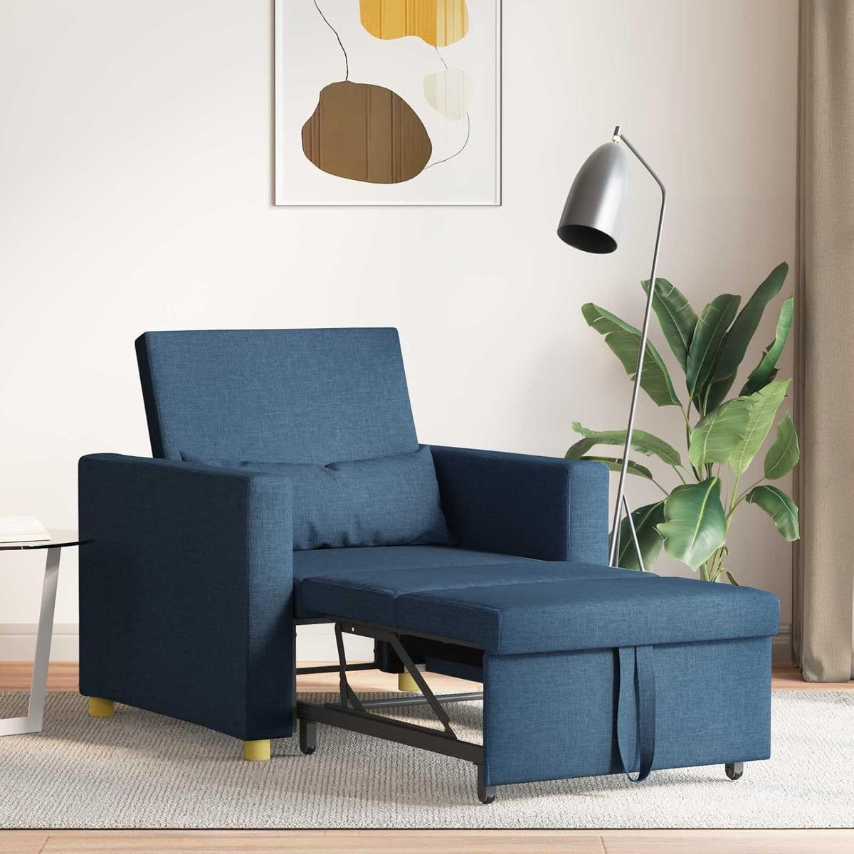 Uitschuifbare slaapbank, eenpersoons blauw, 90 x 165 x 87 cm, stof, Scandinavische stijl, stoel voor woonkamer, slaapkamer, werkkamer, logeerkamer - QUORE