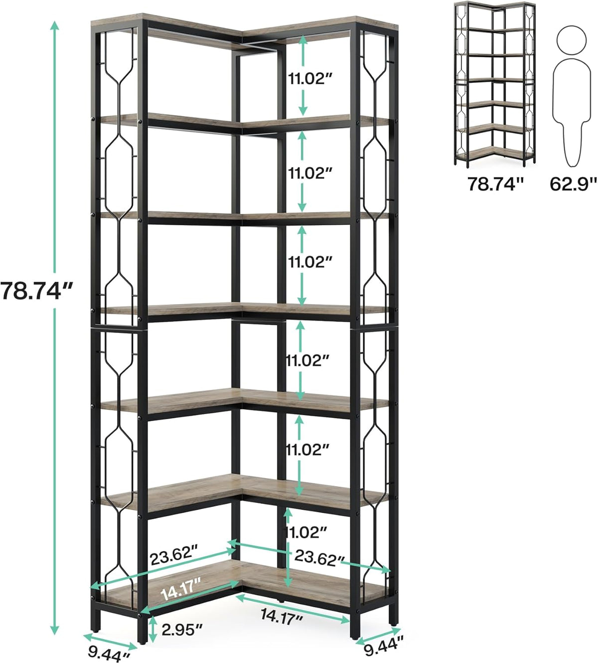 Tribesigns Corner Bookshelf, 7 Tier Industrial Corner Bookcase, Wooden and Metal Corner Shelf, Freestanding Display Shelf for Living Room, Kitchen, Home Office (Grey)