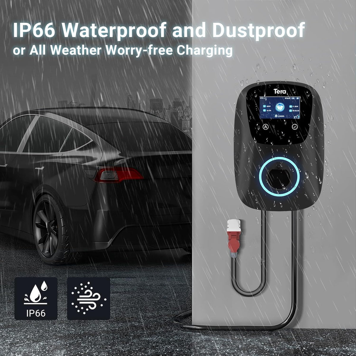 Tera EV Oplader type 2, 11 kW, voor thuisgebruik, CE- en TÜV-gecertificeerd, uitgerust met app/WLAN/Bluetooth, met 7 m oplaadkabel, CEE-stekker, zwart