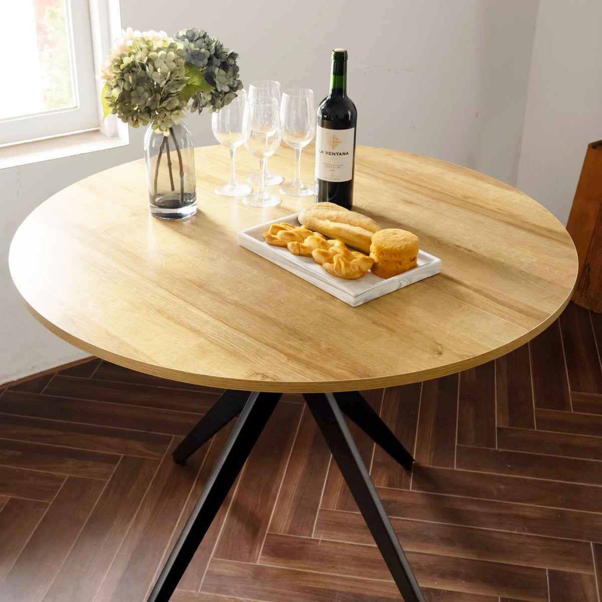 MEUBLE COSY Ronde eettafel voor keuken, woonkamer, kantoor, retrostijl, voor 4 personen, metalen frame, eiken + zwart, 100 x 100 x 75 cm