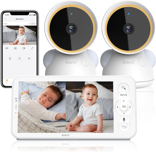 ARENTI Babyfoon met 2 camera's en app 2K/3MP, 5 inch wifi-video-babyfoon PTZ 355°, automatische tracking, schrijfherkenning, temperatuur- en luchtvochtigheidssensor, nachtzicht, compatibel met Alexa