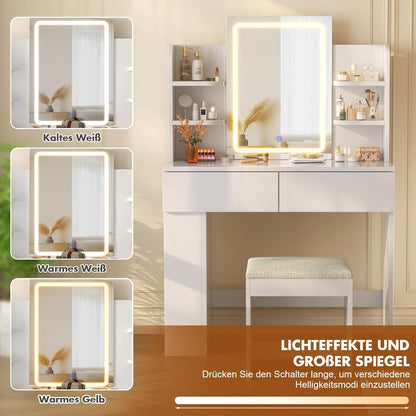 Devoko Dressing Table with Mirror and Lighting,Adjustable Brightness,Makeup Table with Stool,2 Drawers,4 Shelves,Modern Makeup Desk for Bedroom and Dressing Room, 90 x 40cm(White and White) - QUORE