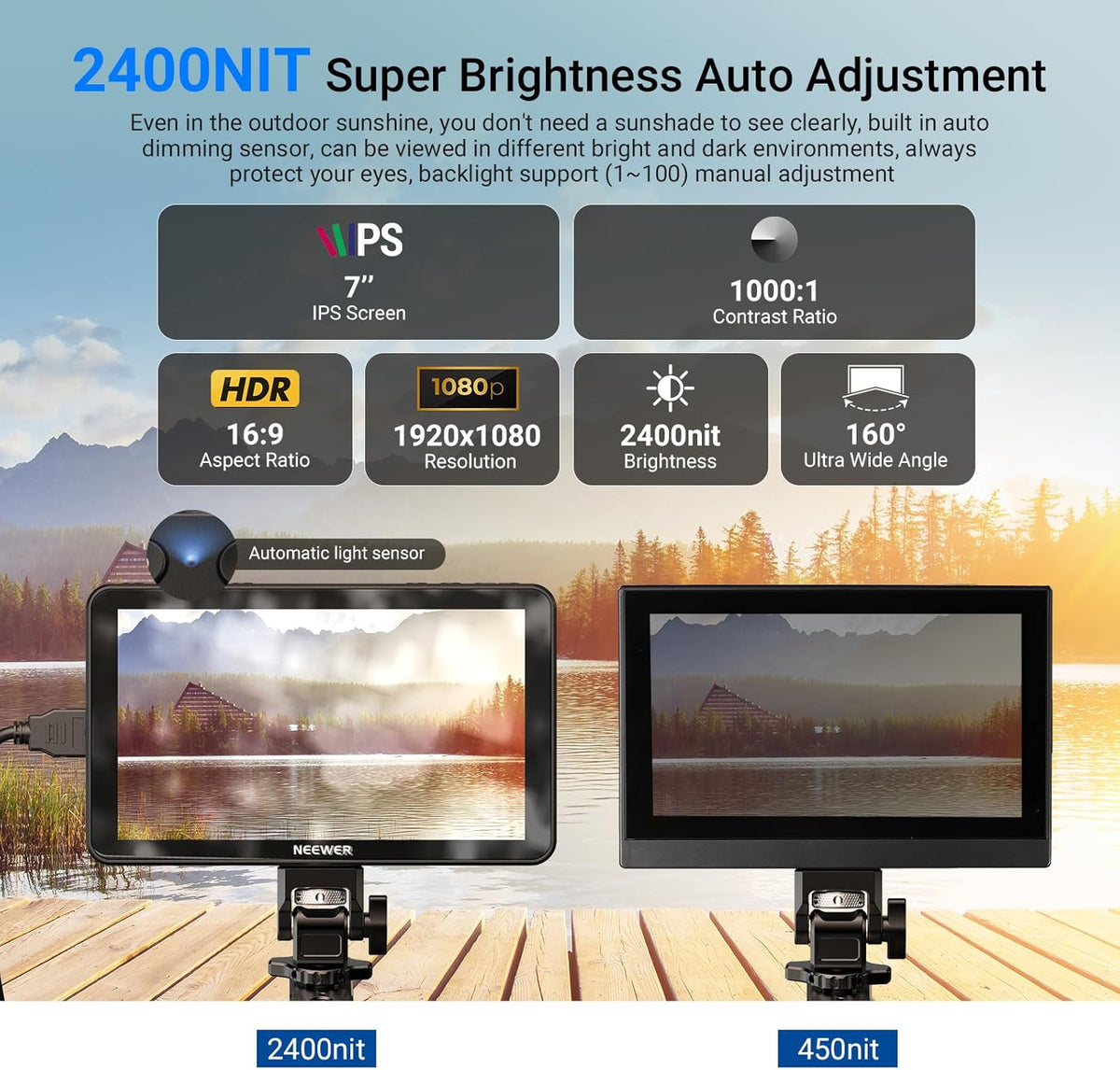 NEEWER F600 7 inch camera veldmonitor, 2400nit HD 1920x1080 IPS-touchscreen met 3D LUT, 4K HDMI-lus/uitgang met Peak Focus DSLR Video Assist HDR-golfvorm, koude schoenhouder, batterij niet inbegrepen