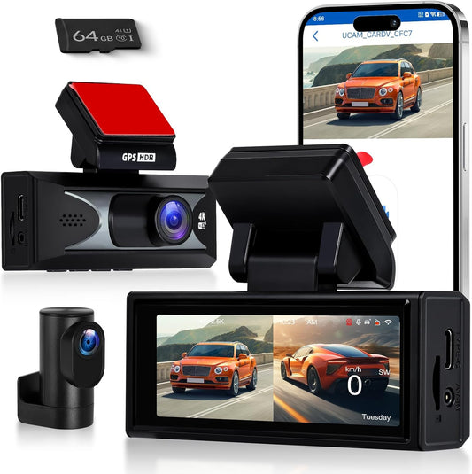 Hodozzy 4K Dashcam met voor- en 2,5 K achteruitrijcamera, 3,16 inch IPS-scherm, dashcam voor auto, 5,8 GHz wifi-app-bediening, ADAS, BSD LCA, nachtzicht, G-sensor, loop-opname, parkeermodus-monitor
