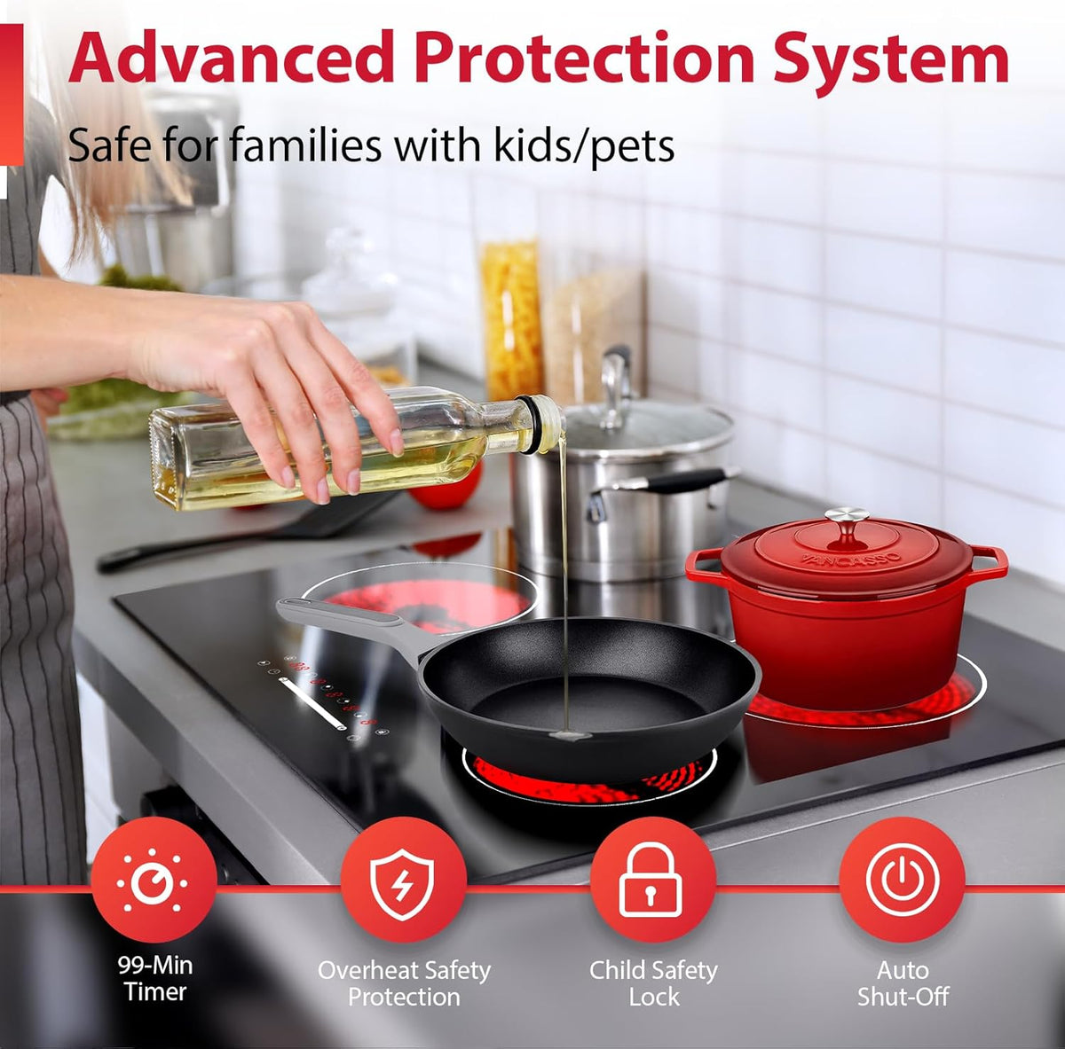 60cm keramische kookplaat 4 zone, 6000W elektrische kookplaat, slider touch control, enkele zone verwarming, ingebouwde kookplaat