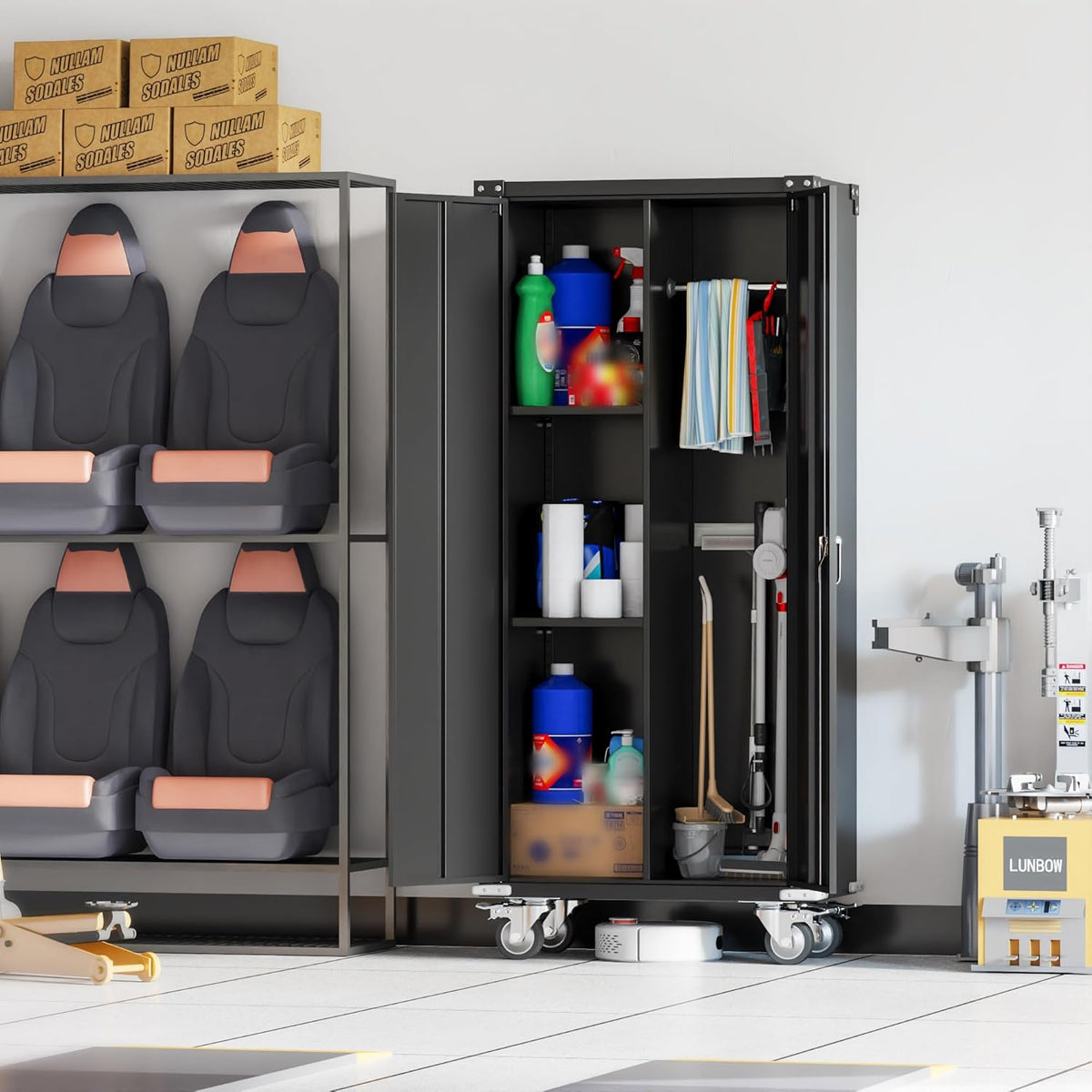 Metal Broom Cabinet, Cleaning Agent Cabinet, Multifunctional Cabinet, Metal Storage Cabinet with Wheels, Broom Cabinet with Hanging Bar, 180 x 80 x 40 cm (Black)