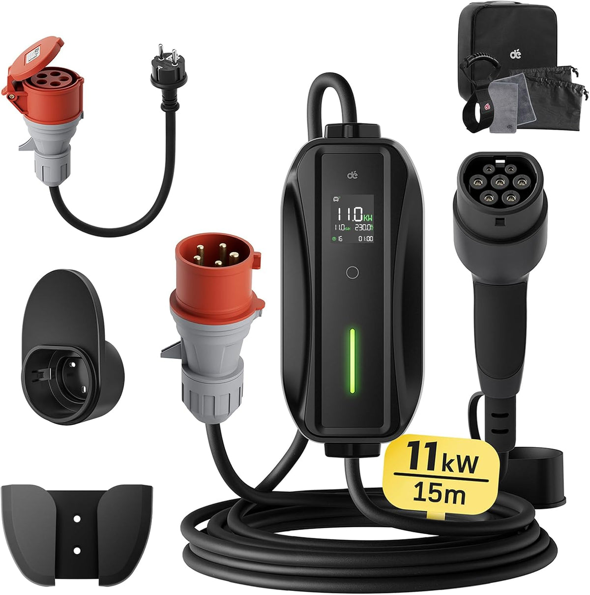 dé EV Charger Type 2 11kW [15m, 3-Fase, 6-16A] Laadpaal 11kW 3 Fase met instelbaar laadvermogen, Mobile Wallbox voor model Y/3, ID.3/4/5, Enyaq, EX30/XC40, Niro en Andere EV&PHEV