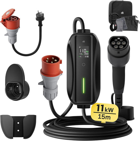 dé EV Charger Type 2 11kW [15m, 3-Fase, 6-16A] Laadpaal 11kW 3 Fase met instelbaar laadvermogen, Mobile Wallbox voor model Y/3, ID.3/4/5, Enyaq, EX30/XC40, Niro en Andere EV&PHEV