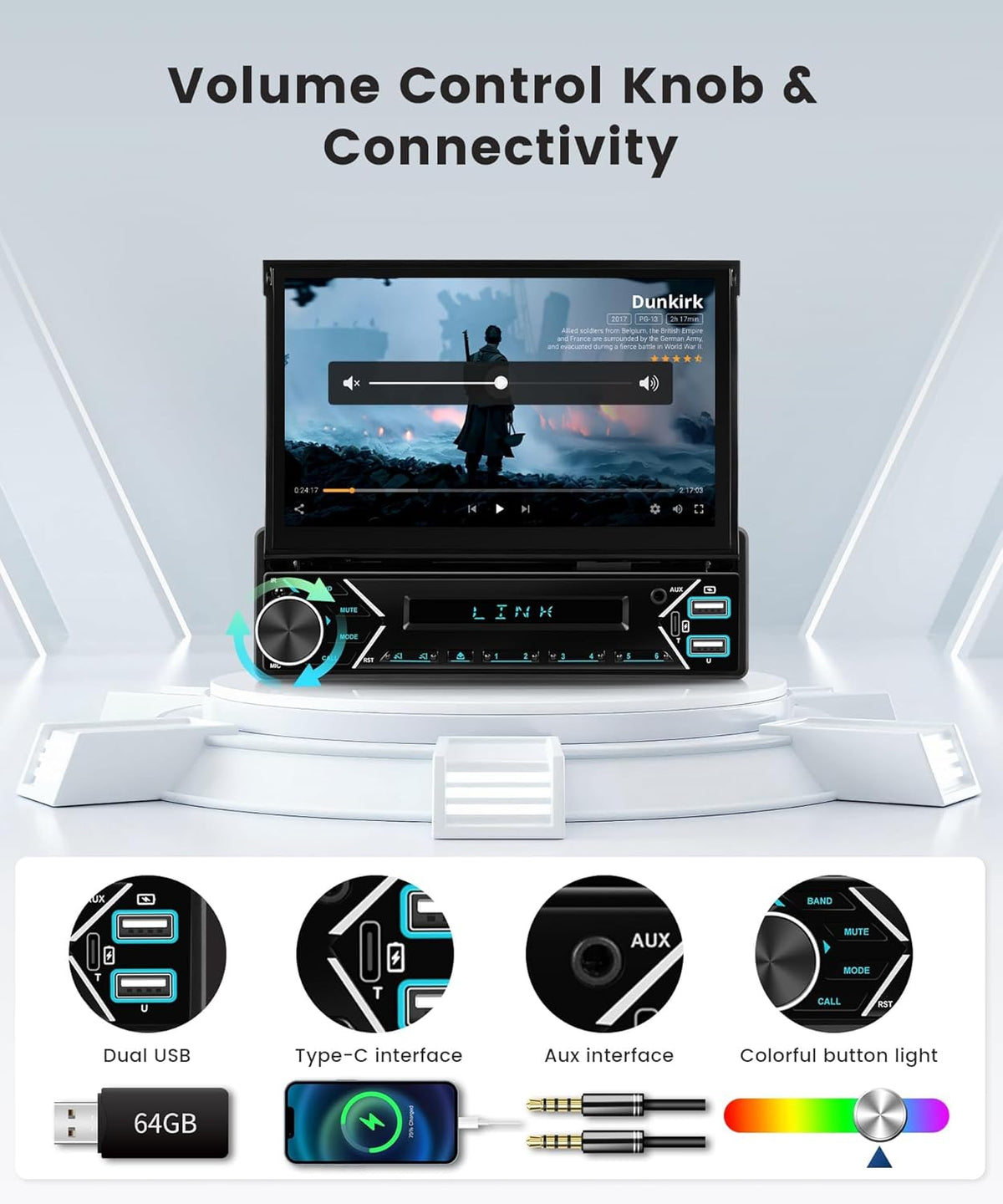 1 DIN Autoradio – Auto Stereo – Multimedia Radio – DAB+ Receiver – Car Audio – 7-Inch Automatisch Uitschuifbaar Touchscreen – Draadloze CarPlay & Android Auto