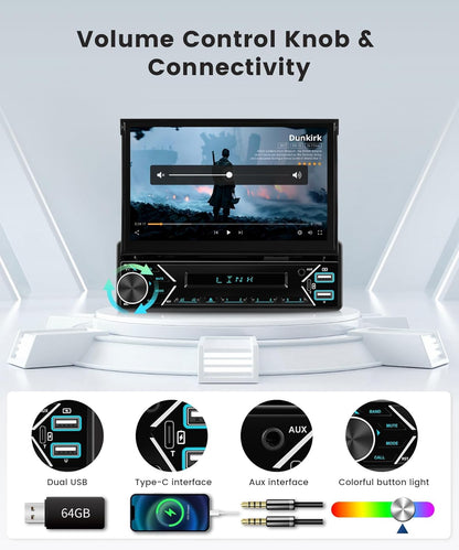 1 DIN Autoradio – Auto Stereo – Multimedia Radio – DAB+ Receiver – Car Audio – 7-Inch Automatisch Uitschuifbaar Touchscreen – Draadloze CarPlay & Android Auto