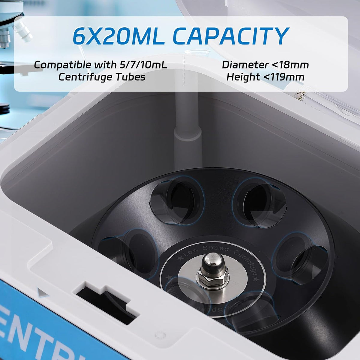 YUCHENGTECH Laboratoriumcentrifuge Tafelcentrifuge Digitale Lage Snelheid Centrifuge 6x20ml 4000 rpm 0-999 Min 1920xg voor Centrifugebuisjes van 5 ml/7 ml/10 ml, 28x26x21cm 5kg