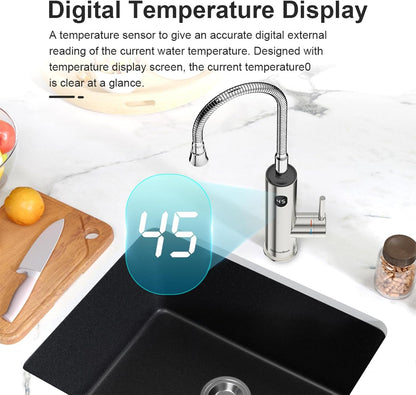 Roestvrij stalen elektrische kraan met digitaal display, 220 V kraan met doorstroomwarmte voor de keuken met universele uitloop, warmwaterkraan (zilver)