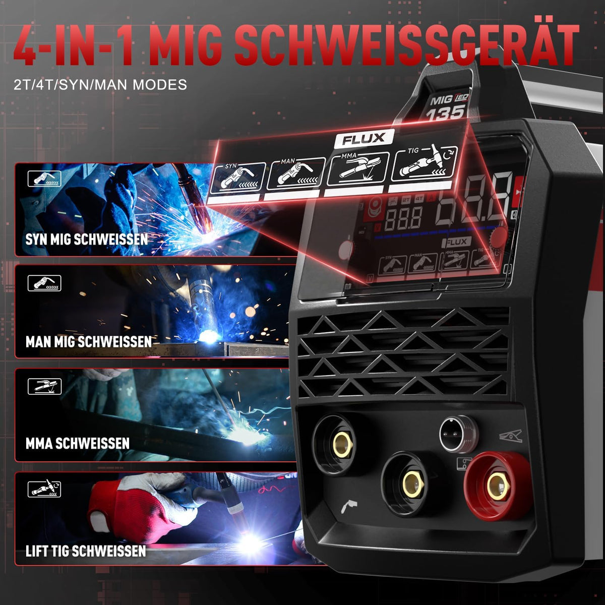 MIG ANDELI 135 A lasapparaat, spanning 220 V, draagbaar zonder gas, multiproces MIG/TIG lift/MMA-stroom, met digitaal led-display, IGBT-invertertechnologie.