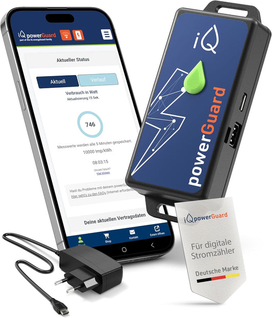 iQ powerGuard - Slimme stroommeter incl. interface, iQ Cloud, app, alarmfunctie & WLAN - Digitale bewaking van stroomverbruik & kosten - stroommeter & stroomverbruikmeter met wifi